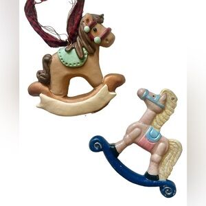 Two Vintage Paint Rocking Horse Christmas Tree Ornaments Holiday Decor Figurines